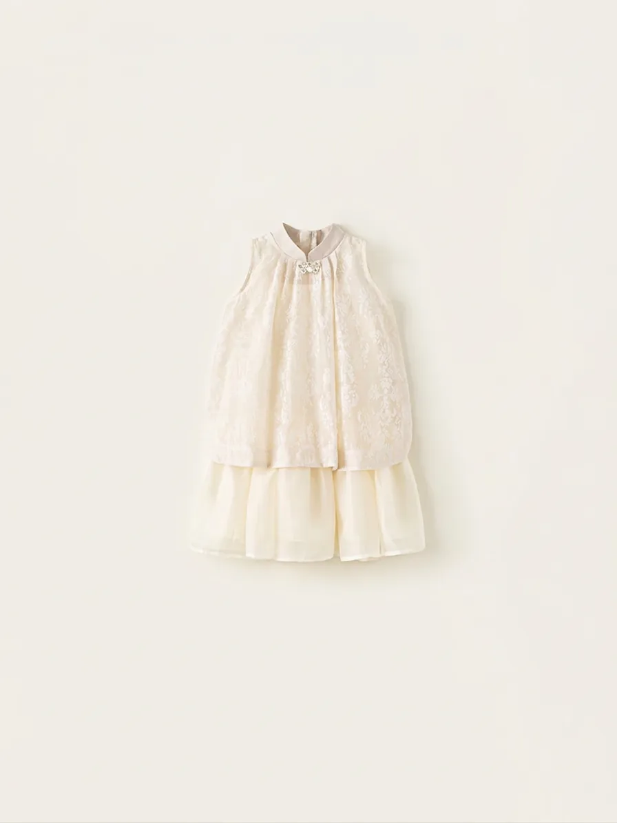 Tenue Élégante de Style Chinois pour Filles avec Haut en Dentelle et Jupe en Tulle avec Col Perlé pour Mariage