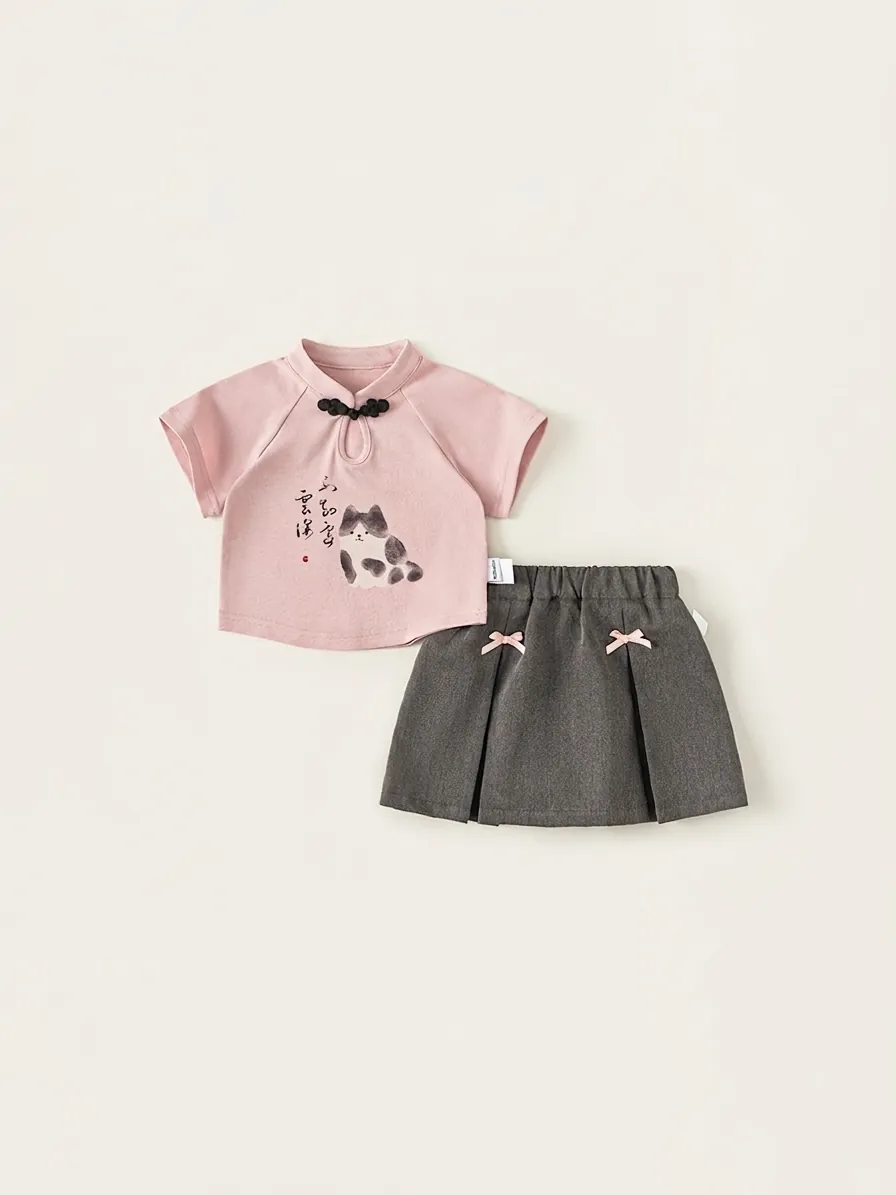 Ensemble de Vêtements pour Filles Nouveau Style Chinois Haut à Manches Courtes Imprimé Panda et Jupe Plissée Grise