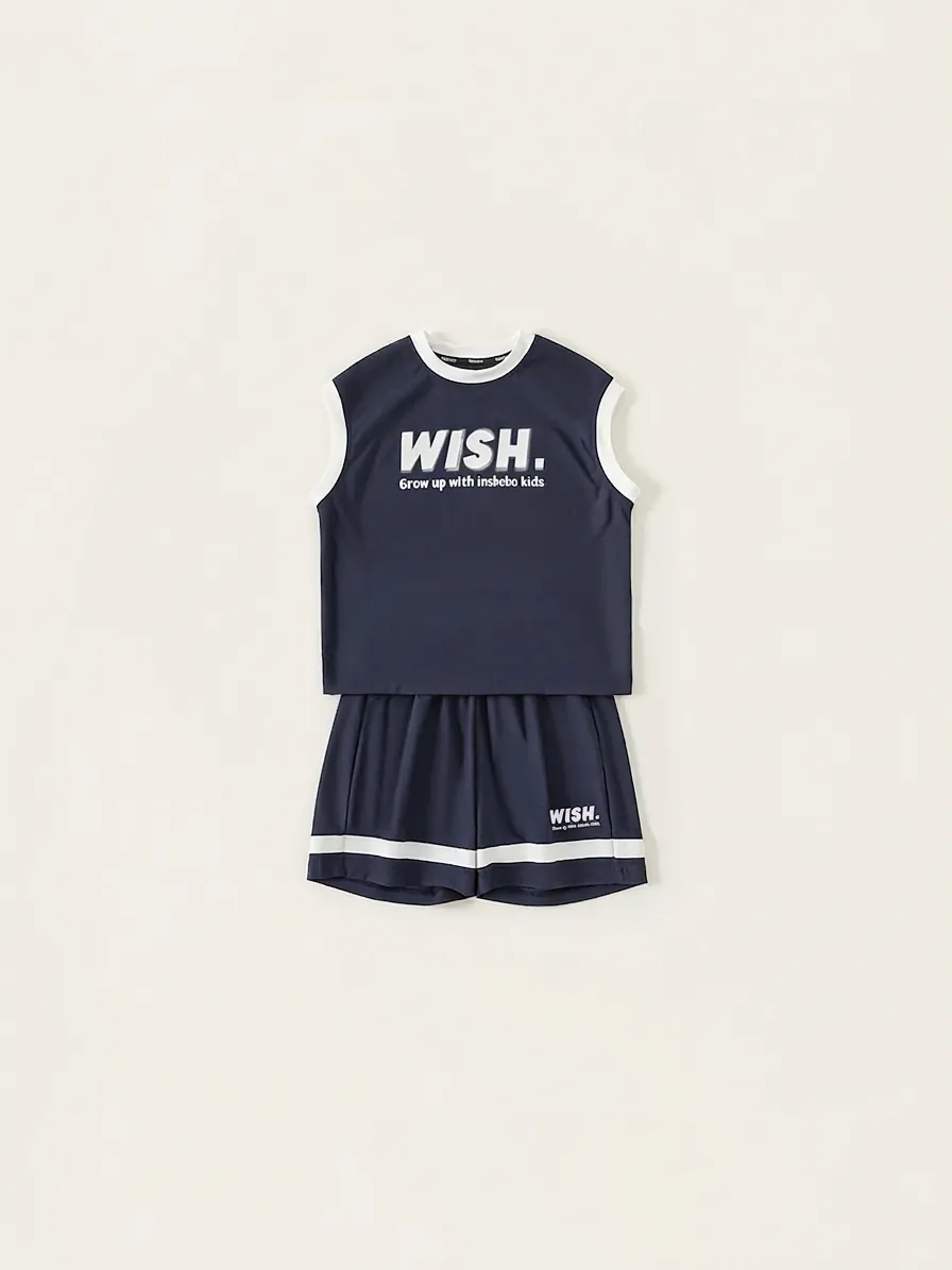 Boys Summer Sleeveless Sport Vest And Shorts Set Kids Navy Blue Letter Print Mesh Breathable Casual Outfit Activewear