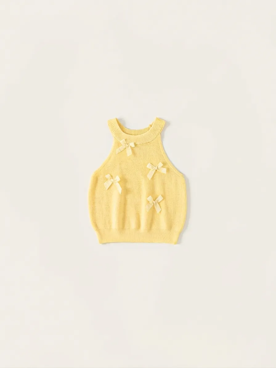 Girls Sweet Viscose Knit Sleeveless Tank Top With Bowknot Yellow Solid Color Halter Vest Top For Kids Toddler Clothing