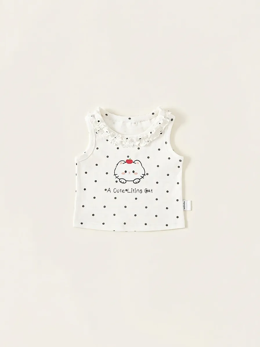 Gilet sans Manches en Coton pour Filles Mignon Chat Dessin Animé Imprimé Pois Volants Col Rond Top Mode Été