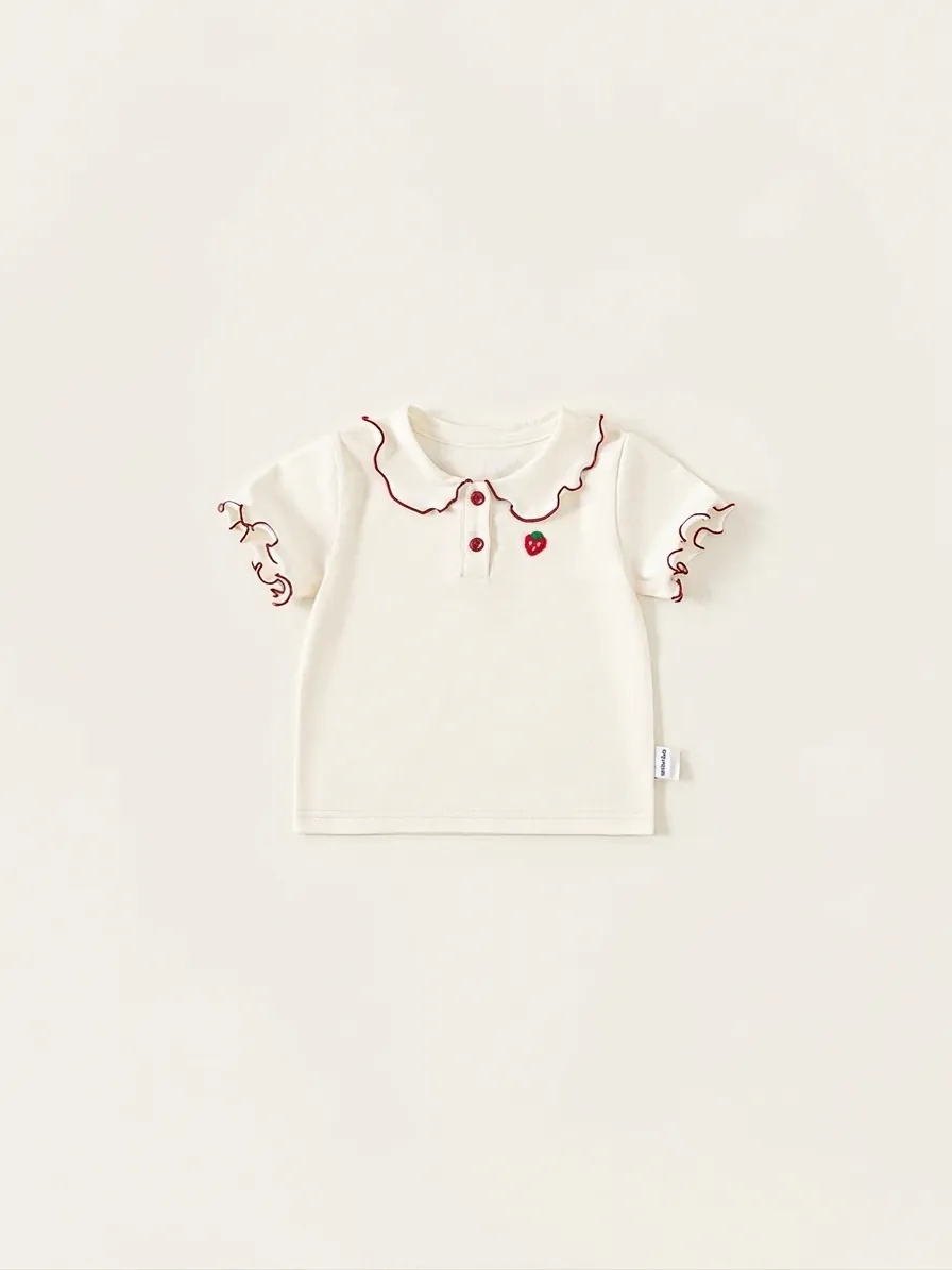 Girls Sweet Cotton T-Shirt Peter Pan Collar Strawberry Embroidery Off-White Short Sleeve Cute Summer Kids Clothing Tops