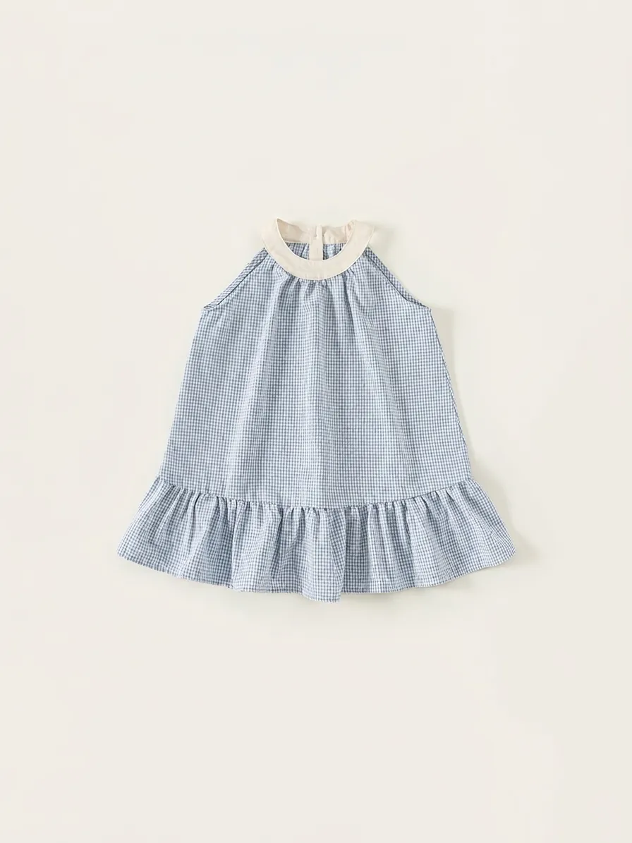 Girls 100 Percent Cotton Sleeveless Gingham Dress Halter Neck Ruffle Hem Summer Pastoral Style Casual Daily Vacation Dress