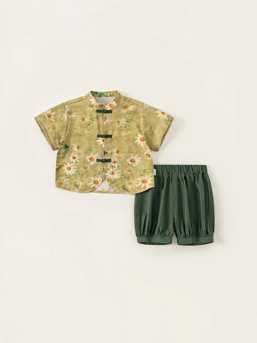 Ensemble de Vêtements d'Été pour Garçons Style Traditionnel Chinois Imprimé Marguerite Haut et Short pour Enfants