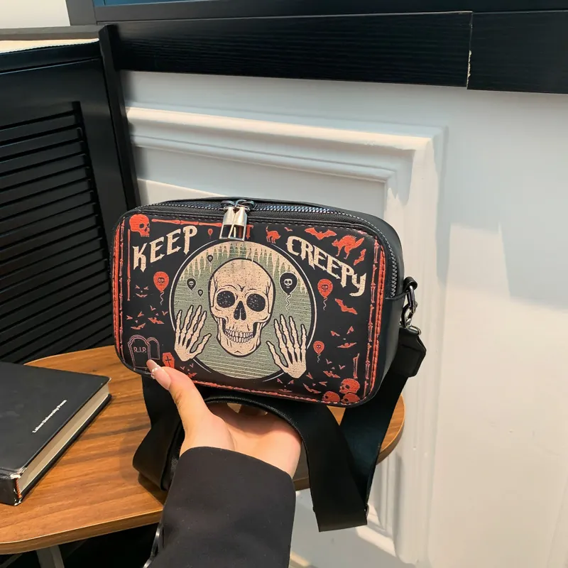 Women Halloween Printed Crossbody Bag Fashion PU Square Bag Spooky Dark Style Wide Strap Shoulder Bag For Holiday Party