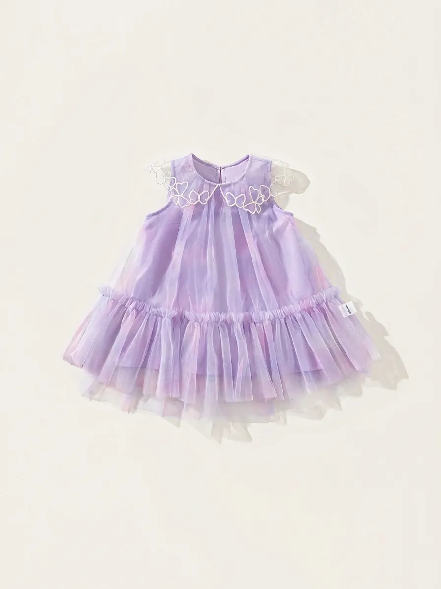 Robe Princesse Fille Sans Manches Patchwork Résille Papillon Brodé Ombré Tulle à Étages Robe de Fête pour Enfants