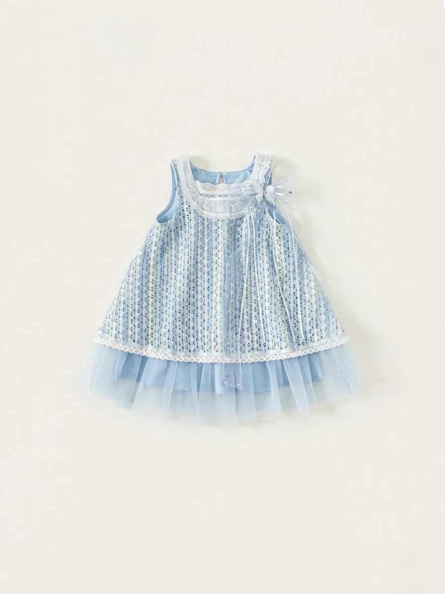 Robe sans Manches en Dentelle et Maille d'Été pour Filles Douce Princesse Tutu Bleu Robe de Fête pour Enfants Forme Trapèze Motif Floral