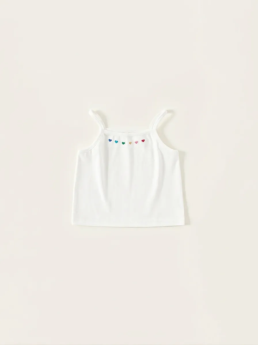Débardeur à Fines Bretelles pour Enfants Filles Broderie de Cœur Arc-en-Ciel en Mélange de Coton Sans Manches Top d'Été Doux Respirant