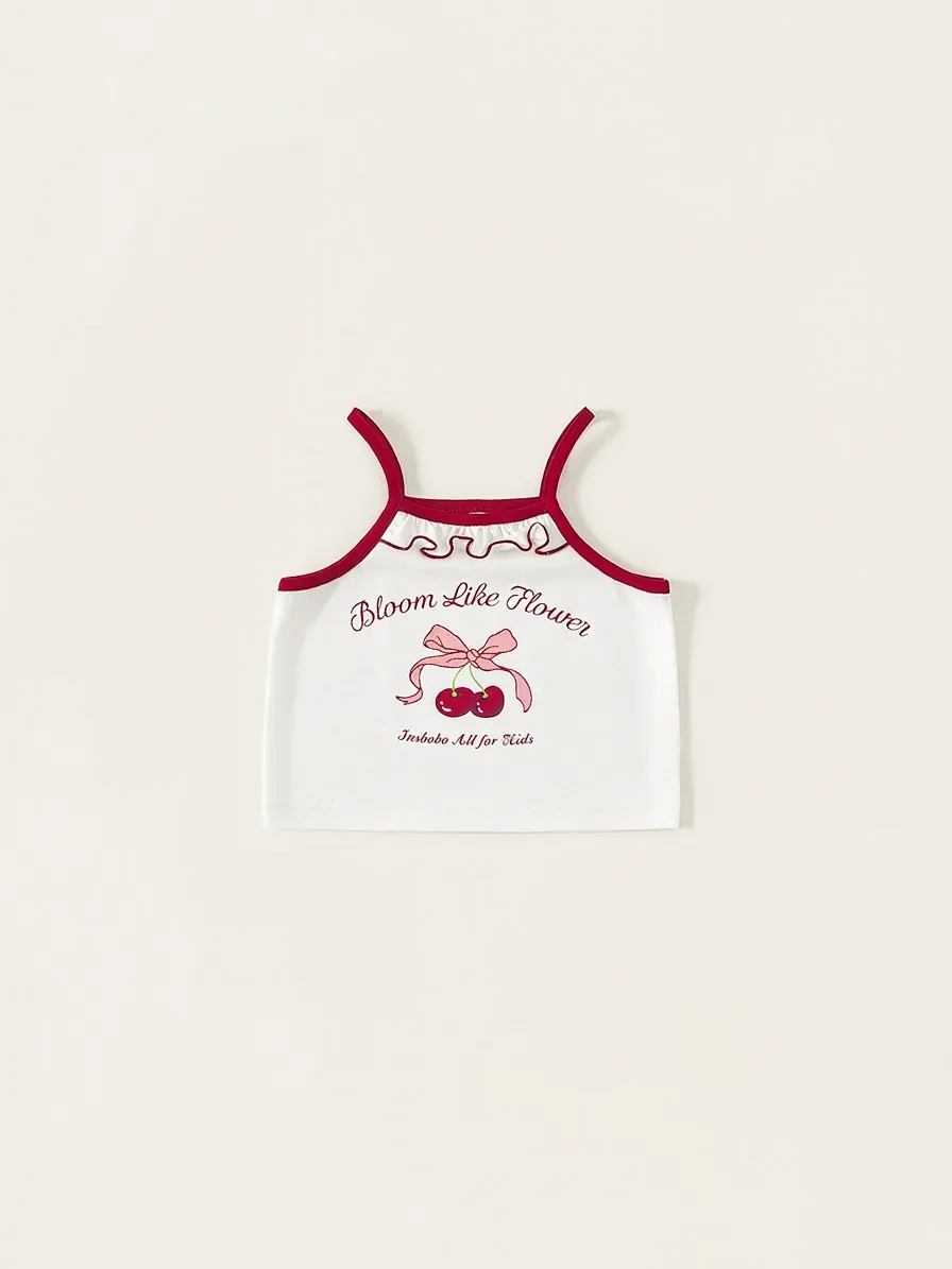 Camisole en Coton pour Filles Imprimé Doux Cerise Nœud Débardeur sans Manches Bordure Laitue Contrastée Vêtements d'Été