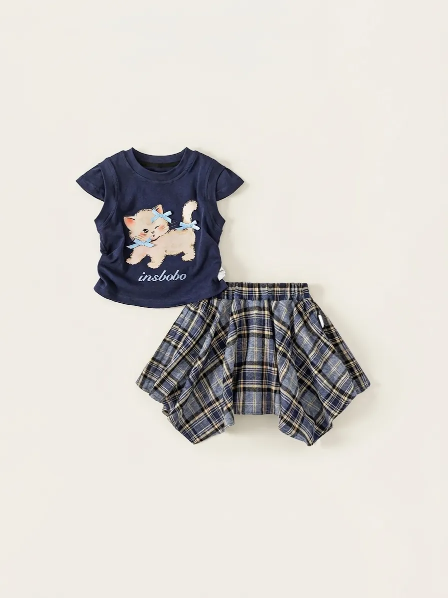 Set Gonna Scozzese Blu Marino da Ragazza T-Shirt in Cotone Dolce Con Fiocco 3D Stampa Gatto Cartone Animato Gonna a Pieghe Completo Due Pezzi Bambini