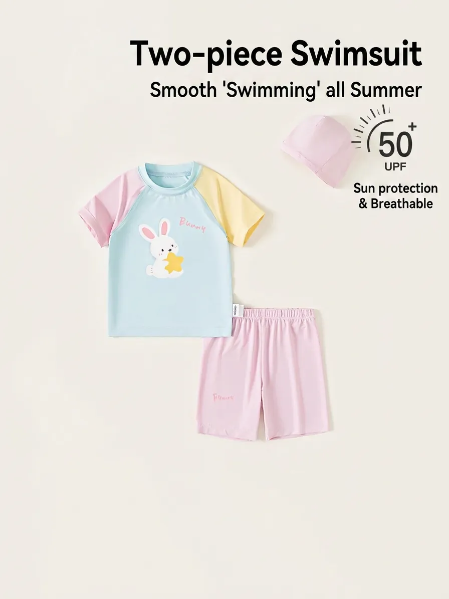 Kids Swimwear Set With Swim Cap Cute Bunny Printed Sun Protective Short Sleeve Top And Shorts For Toddler Boys Girls Swimsuit