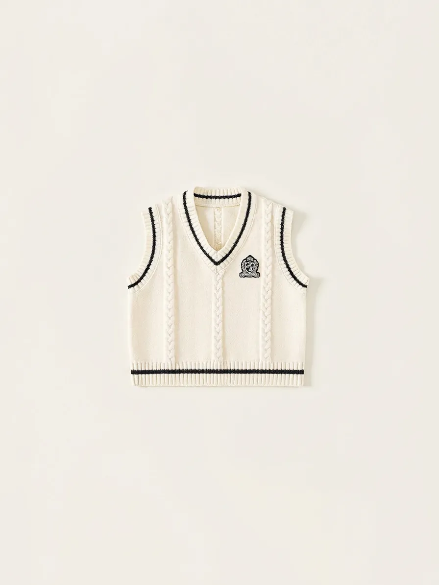 Boys Preppy Style Acrylic Cable Knit Vest V-Neck Striped Trim Sleeveless Sweater With Embroidered Badge For Kids School Wear