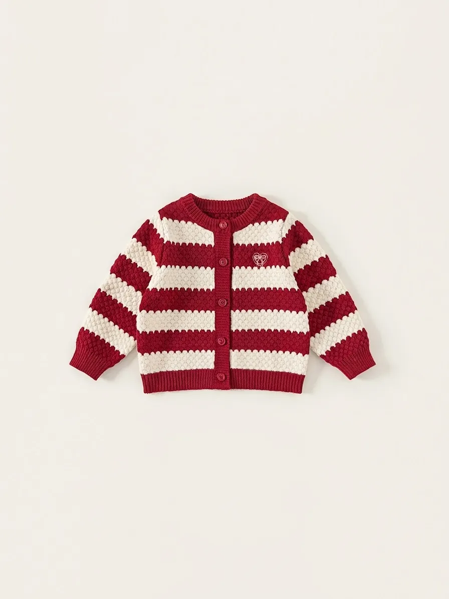 Girls Sweet Red White Striped Knit Cardigan Round Neck Heart Embroidered Long Sleeve Single Breasted Knitted Sweater Outerwear