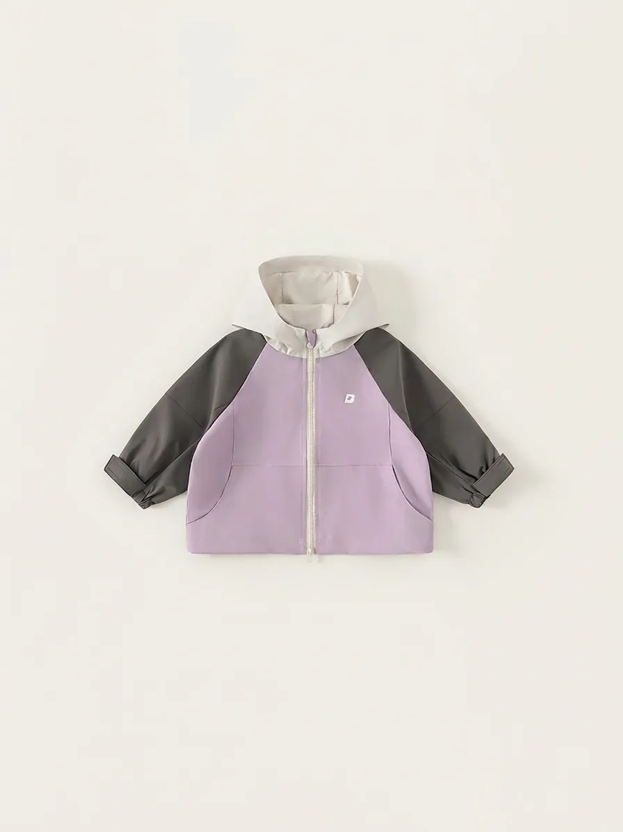 Kids Hooded Color Block Jacket Windproof Polyester Outdoor Casual Zip Up Coat For Boys And Girls Autumn Sportswear Top