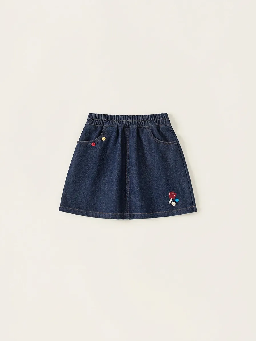 Jupe en Jean Douce pour Filles Avec Broderie de Fleurs et Champignons Taille Élastique Mélange de Coton Jupe Courte en Ligne A pour Enfants