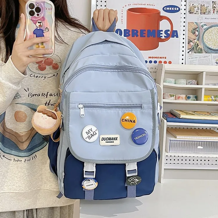 Nylon School Backpack For Girls Korean Style Color Blocking Casual Travel Daypack Contrast Stitching Student Bookbag