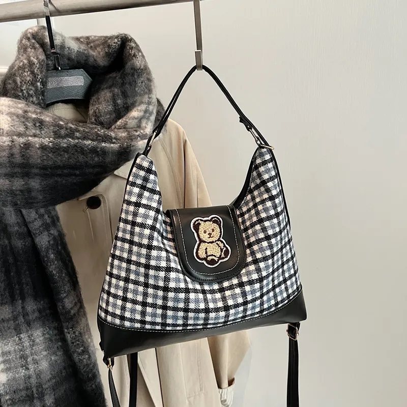 Women Retro Plaid Canvas Synthetic Leather Backpack Casual Large Capacity Tote Bag With Cute Bear Patch Crossbody Handbag