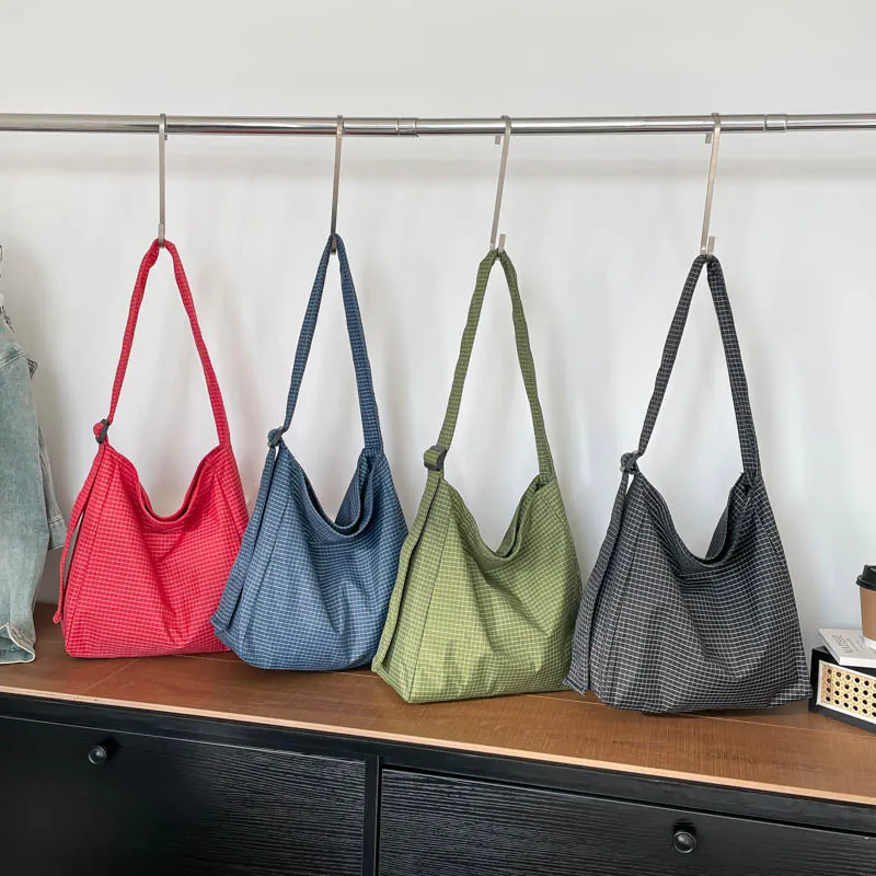 Large Checkered Canvas Shoulder Bag For Women Retro Grid Pattern Tote Bag Casual Literary Handbag For Daily Shopping Travel
