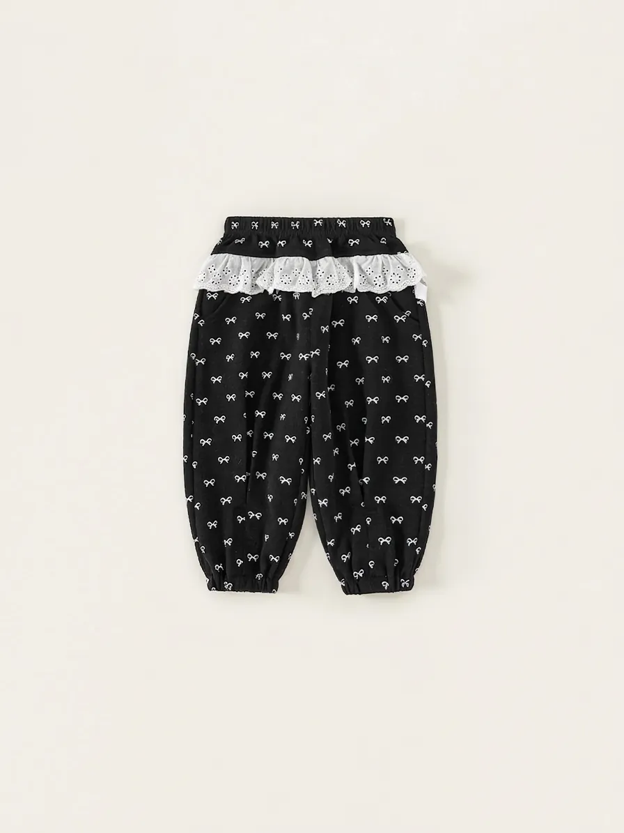 Girls Bowknot Print Casual Sweatpants With White Lace Trim Soft Cotton Blend Autumn Children Long Pants Elastic Waist