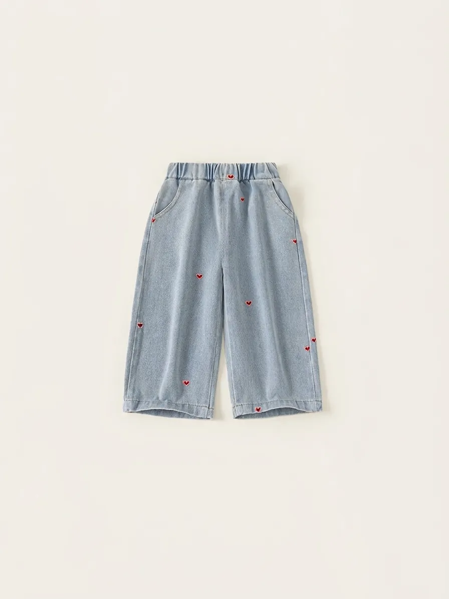Filles Jeans en Denim à Jambes Larges Brodées de Cœur Taille Élastique Pantalon Long en Mélange de Coton Bleu Denim Décontracté Printemps Automne