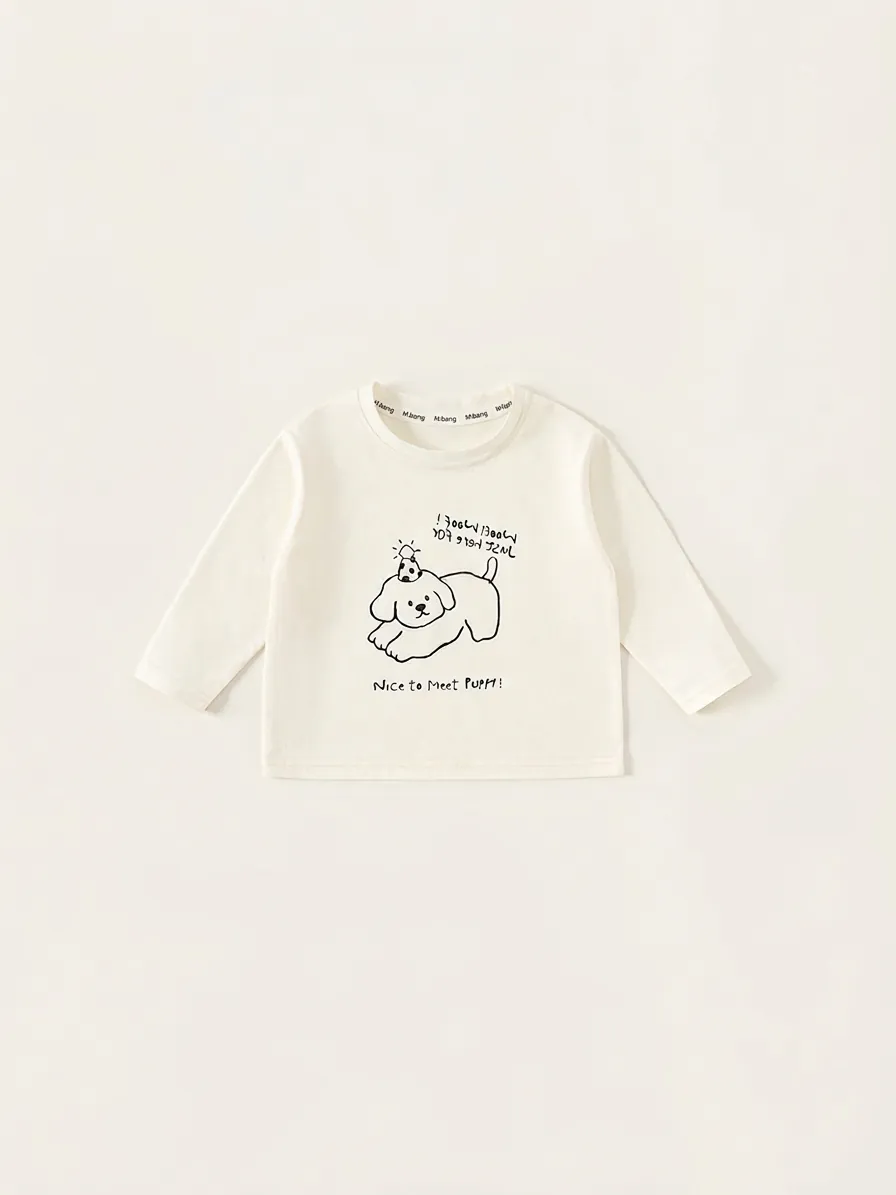 Jungen Baumwolle Langarm T-Shirt Rundhals Cartoon Hund Bedruckt Kinder Lässig Frühling Herbst Oberteil Bekleidung Cremeweiß