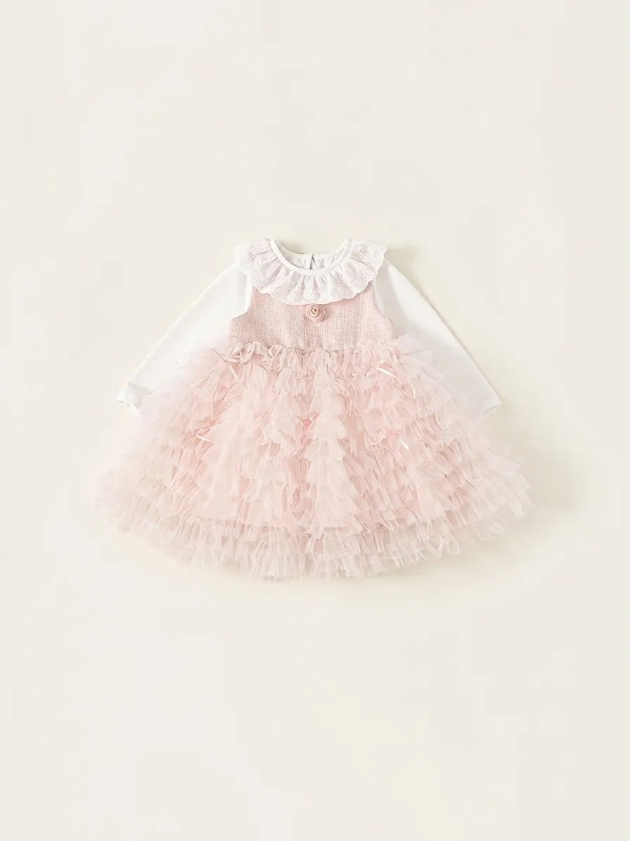 Meisjes Prinsessenjurk Witte Kant Kraag Lange Mouw Top En Roze Gaas Tutu Rok Katoen Zoet Bloemen Feest Kinderen Outfit