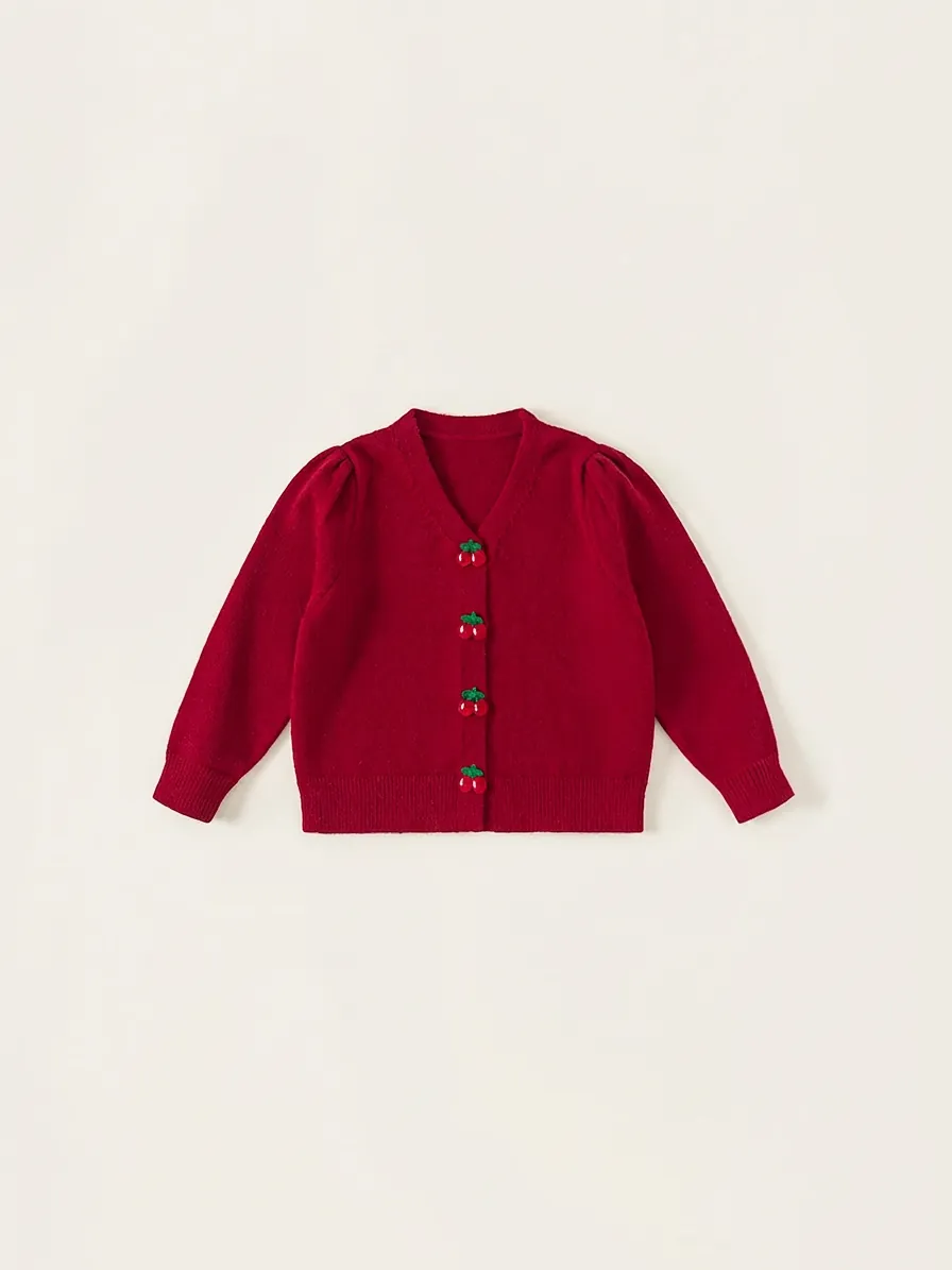 Girls Sweet Red Knit Cardigan With Cherry Shaped Buttons V-Neck Long Sleeve Sweater Coat For Kids Autumn Spring