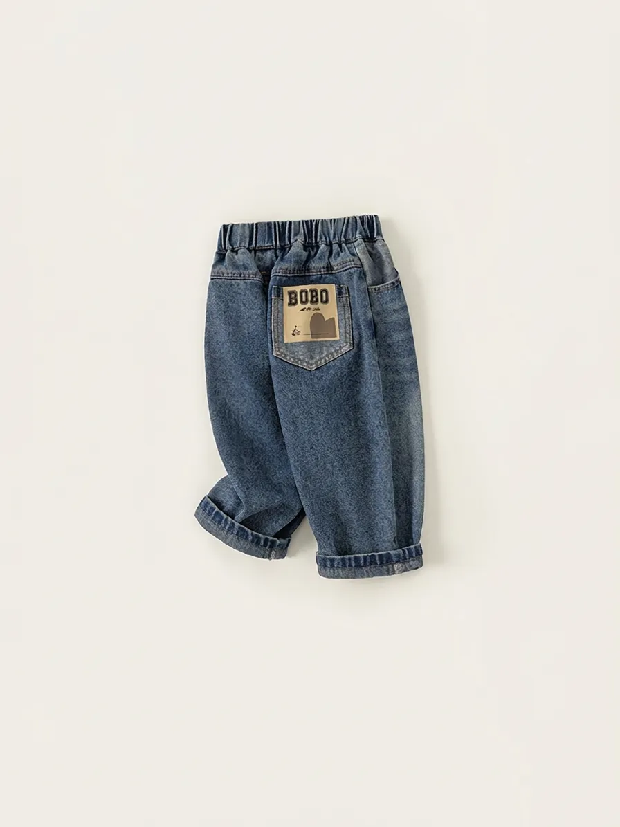 Jean en Denim à Coupe Droite Décontracté pour Garçons Taille Élastique Confortable Mélange de Coton Lavé Doux Pantalon Long pour Enfants