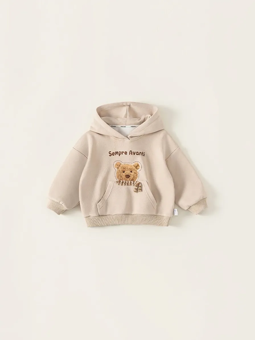 Sweat à Capuche Décontracté à Manches Longues pour Enfants avec Patch Ours en Peluche 3D Imprimé Lettres Abricot en Coton