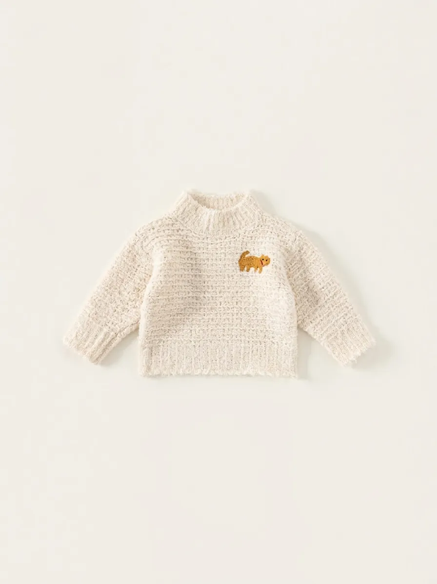 Kids Soft Acrylic Knitted Sweater For Girls Boys Casual Half Turtleneck Solid Pullover Puppy Embroidery Autumn Top