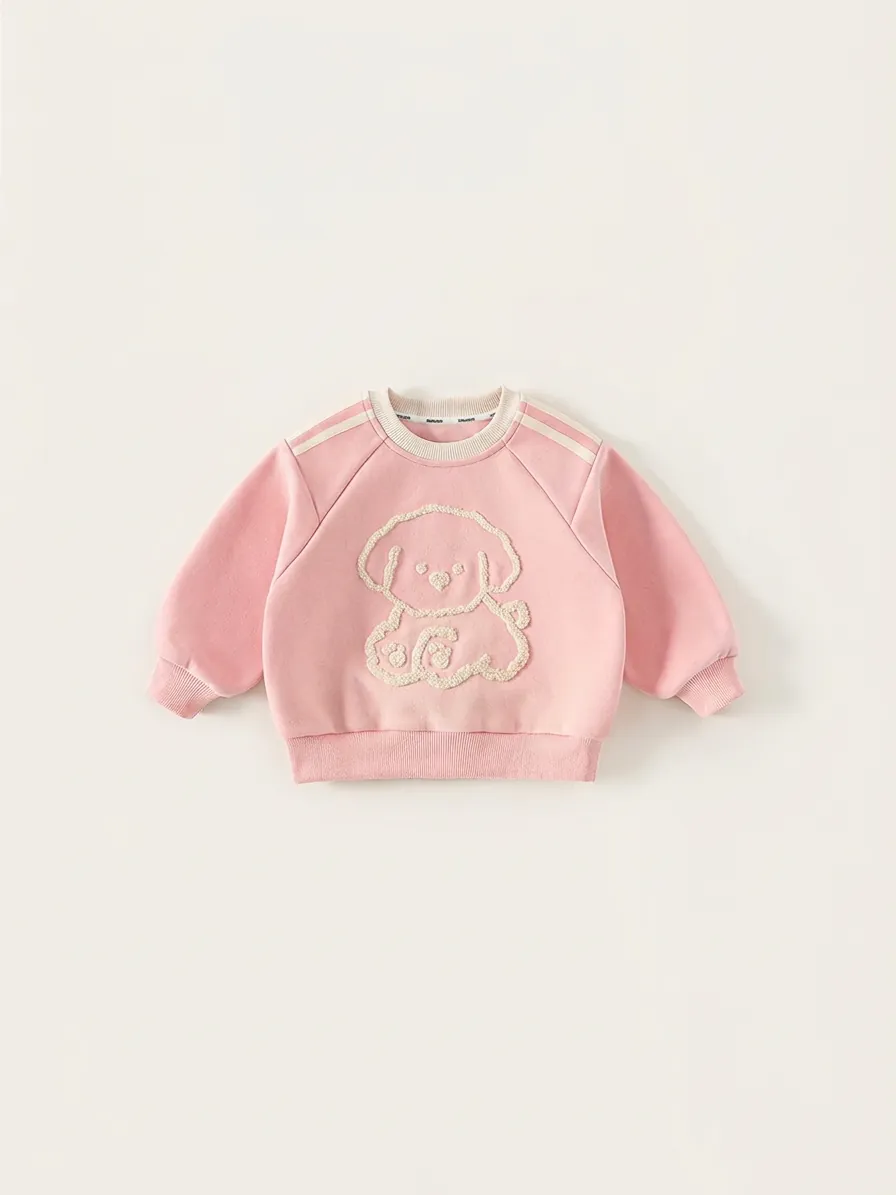 Girls Long Sleeve Cotton Blend Sweatshirt Cartoon Dog Embroidery Round Neck Pink Pullover Kids Top