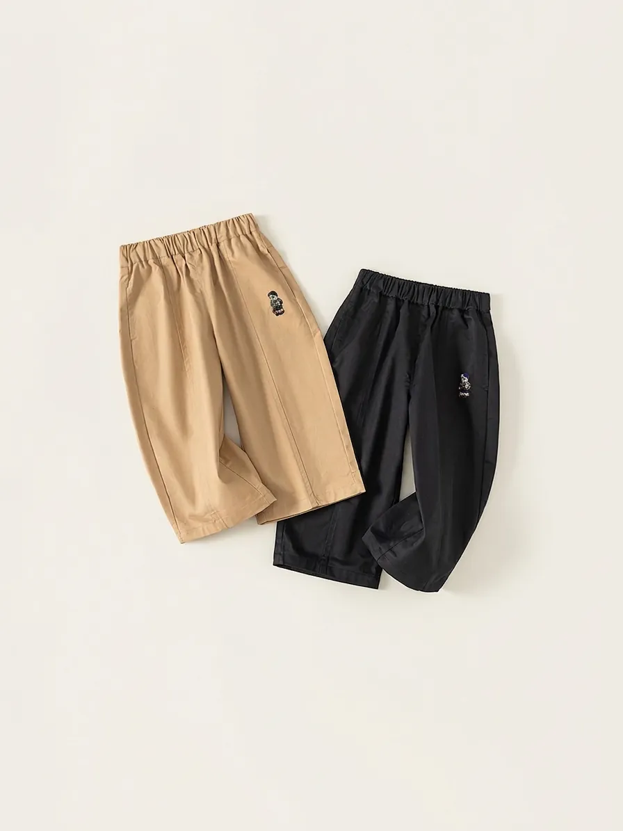 Pantalon Décontracté en Coton pour Garçons Broderie d'Ours Taille Élastique Pantalon Droit Mode Printemps Automne