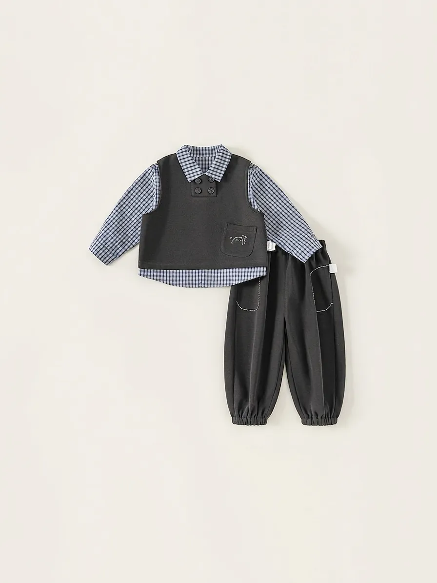 Boys Three Piece Clothing Set Cotton Plaid Long Sleeve Shirt Button Vest And Pants British Academy Style Casual Kids Suit