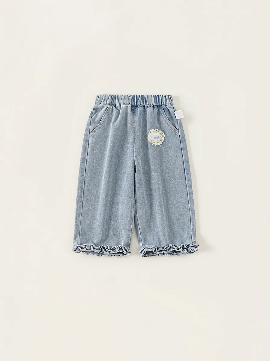 Girls Sweet Denim Jeans Ruffle Hem Washed Cotton Blend Pants With Lace Patch Bow Detail Casual Elastic Waist Trousers
