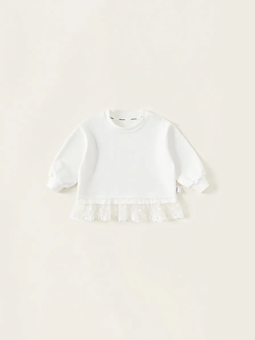 Girls Cotton Long Sleeve T-Shirt With Lace Hem Mesh Patchwork Sweet Floral Embroidery White Bottoming Shirt For Kids