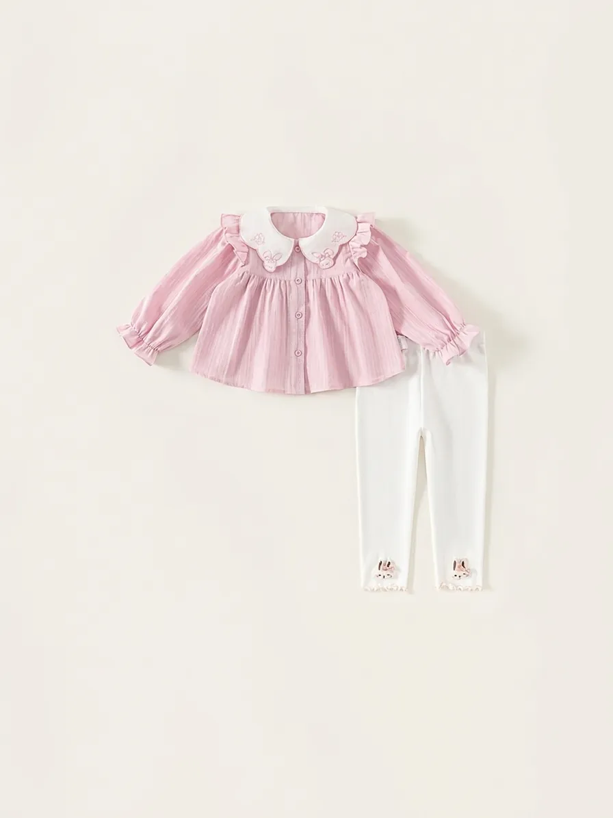 Toddler Girls Sweet Rabbit Embroidery Long Sleeve Shirt And Long Pants Outfits Pink Peter Pan Collar Clothing