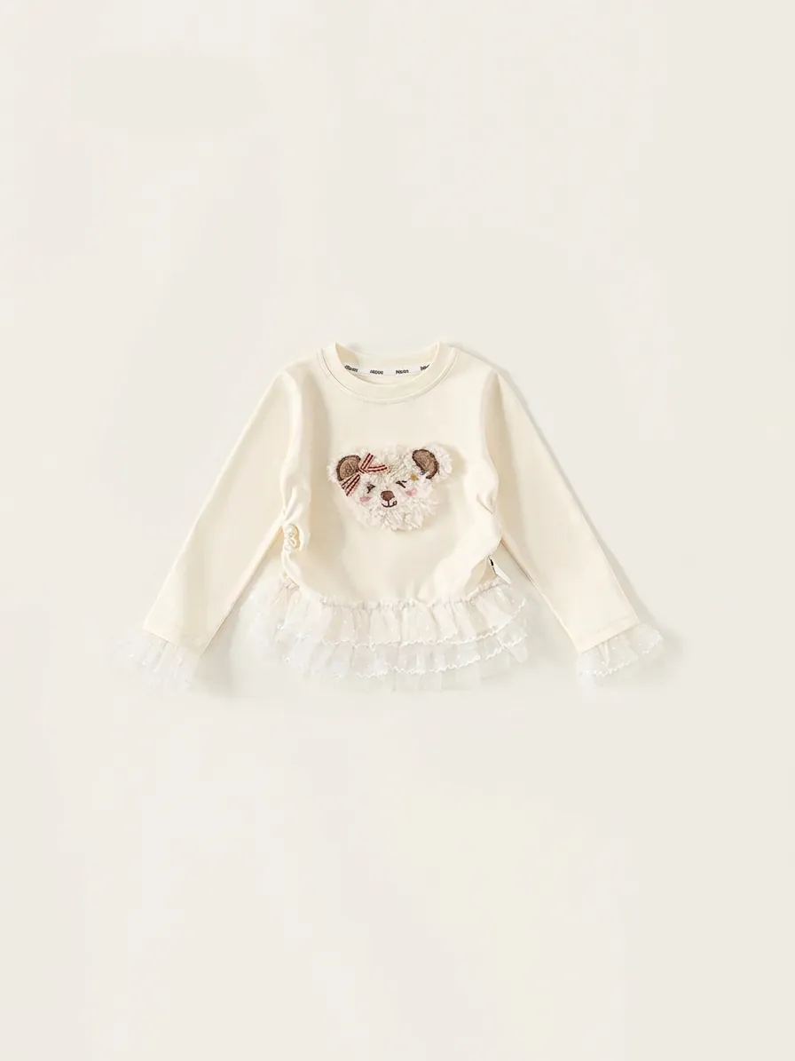 Girls Sweet Cotton Long Sleeve T-Shirt With Lace Trim Polka Dot Mesh Hem Plush Bear Patch Princess Beige Top Kids Clothing
