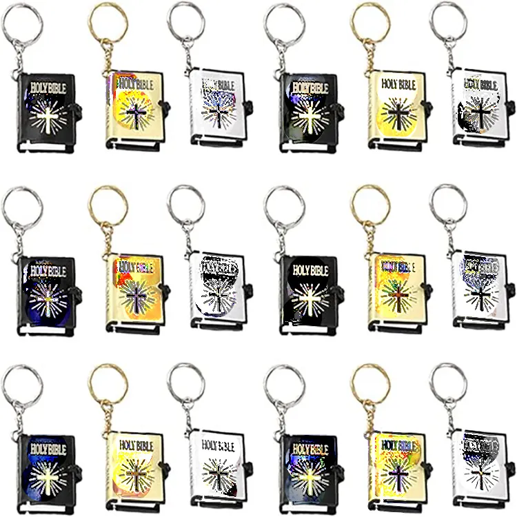 Mini Holy Bible Keychain With Cross Print Metal Ring Religious Book Pendant For Men Women Christian Bags Car Jewelry Gift