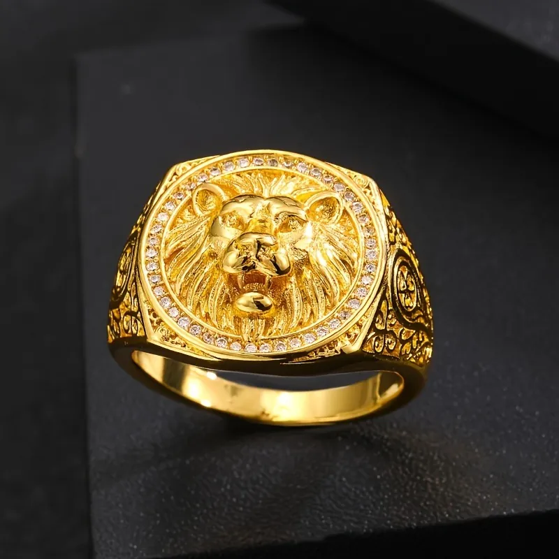 Anello Testa Di Leone Acciaio Inossidabile Placcato Oro 18K Con Strass Punk Vintage Gioielli Hip Hop Uomo