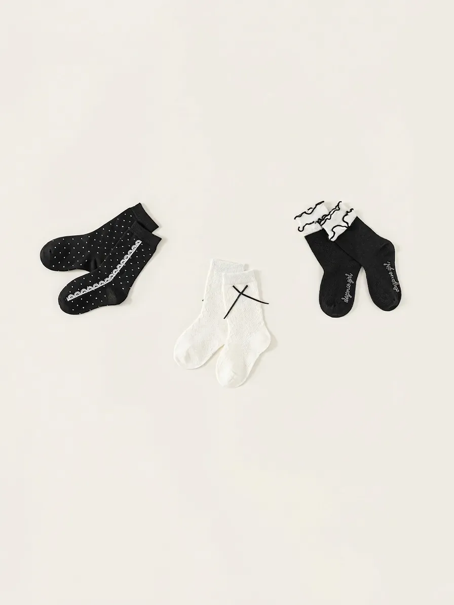 Girls Cotton Mid-Calf Socks With Bowknot Lace Ruffle Trim Cable Knit Breathable Soft Fashion Hosiery For Kids Daily