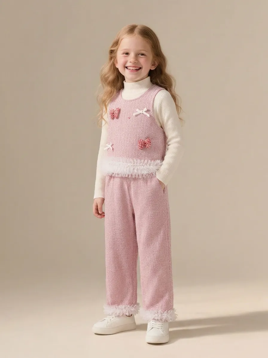 Ensemble de Vêtements 3 Pièces Doux pour Fille Gilet en Tweed Rose Chemise Manches Longues Blanche Pantalon Nœud Bordure Maille