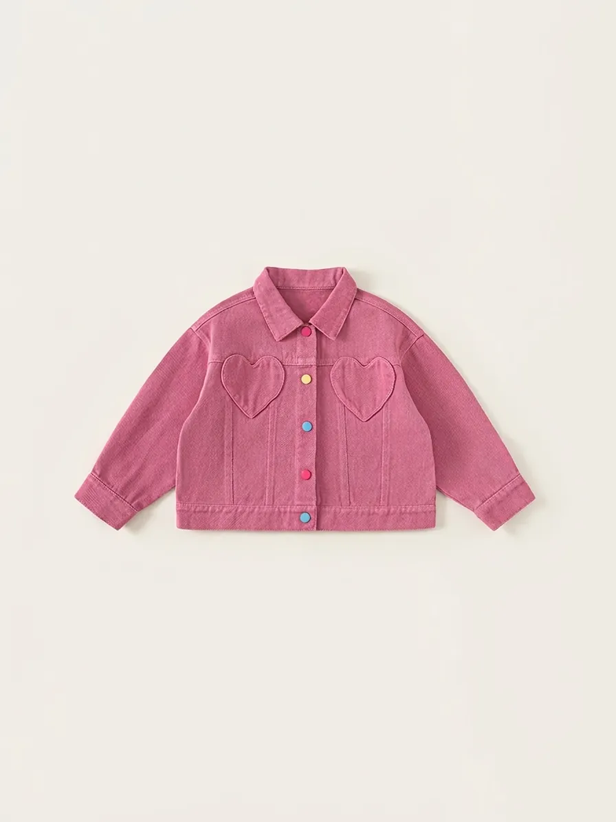 Veste Fille Douce Poche Cœur Boutons Colorés Manches Longues Coton Denim Mode Manteau Décontracté Rose