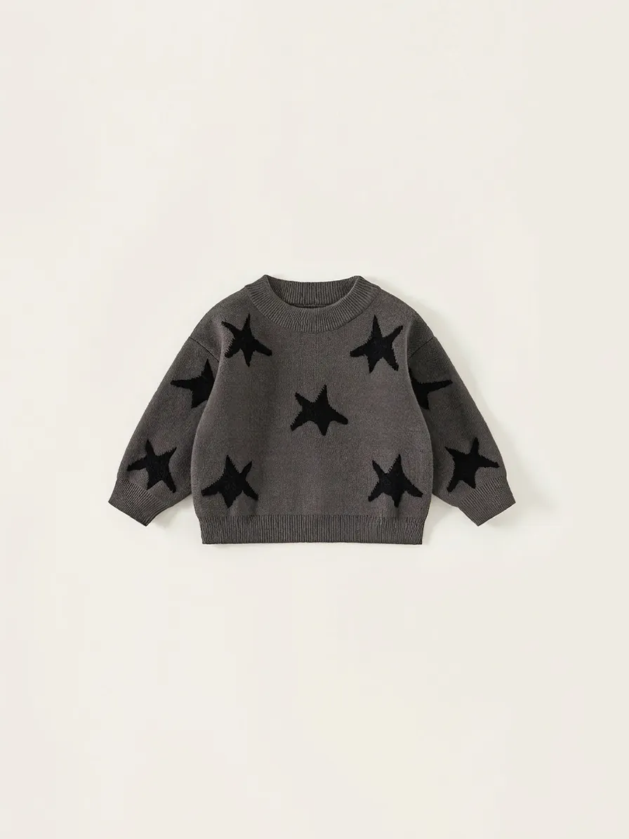 Boys Casual Acrylic Knit Sweater Star Jacquard Round Neck Long Sleeve Pullover Autumn Spring Children Top Fashion Knitwear