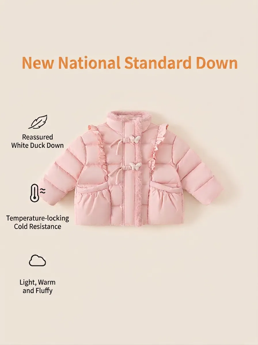 Doudoune Rose Douce Pour Bébé Fille Manteau D'hiver Épaissi Avec Col En Fausse Fourrure Nœud Et Volants Duvet De Canard Blanc