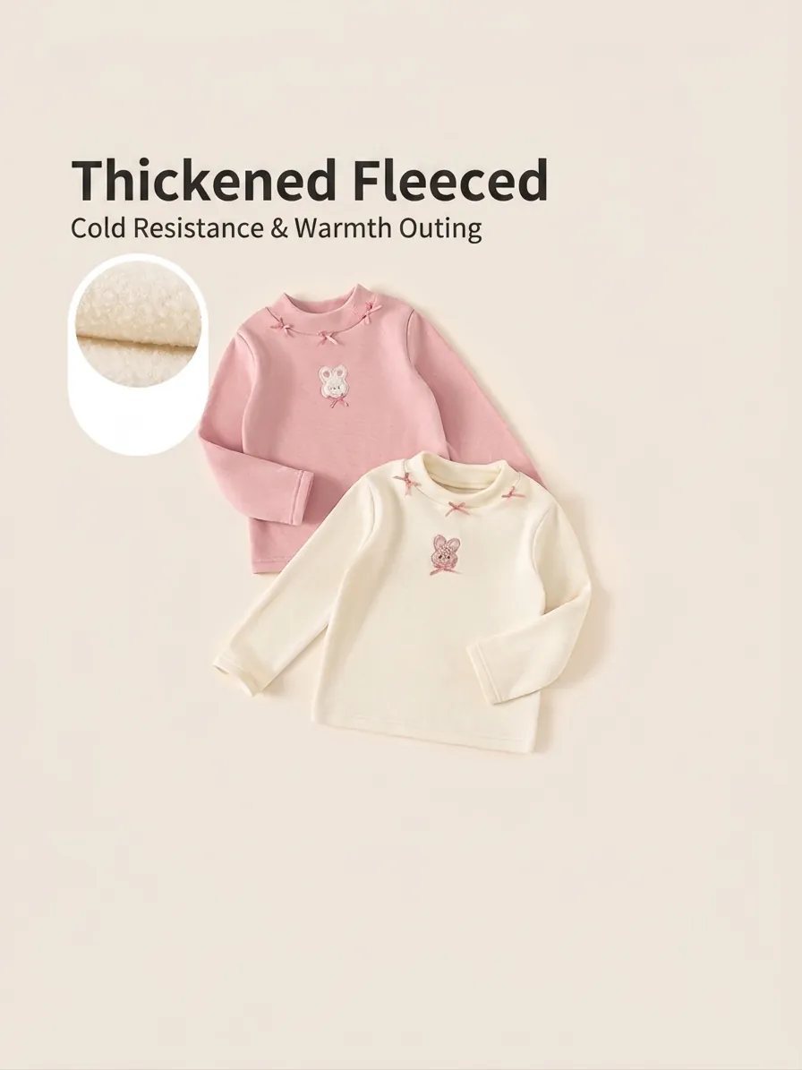 Meisjes Zoet Met Fleece Gevoerd T-Shirt Lange Mouwen Winter Warm Konijn Borduurwerk Strik Decor Mock Neck Onderlaag Top Kinderkleding
