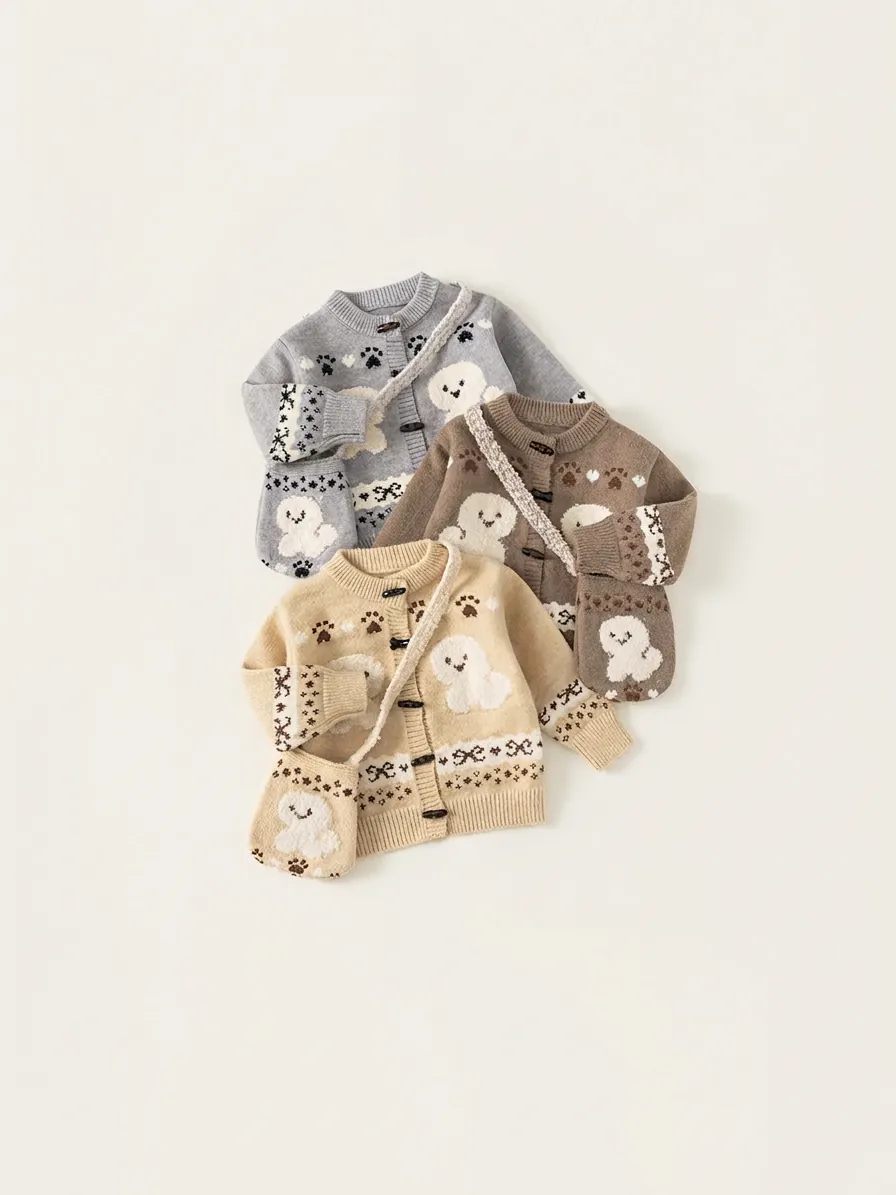 Kids Girl Knitted Cardigan Sweater With Mini Crossbody Bag Cartoon Ghost Paw Pattern Toggle Button Autumn Winter Top