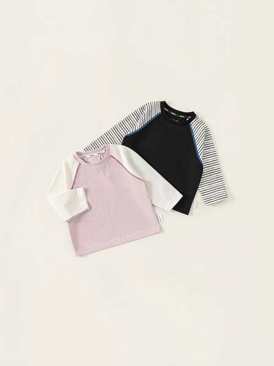 Childrens Raglan Sleeve Long Sleeve T-Shirt Color Block Striped Cotton Blend Crew Neck Top For Boys Girls Kids