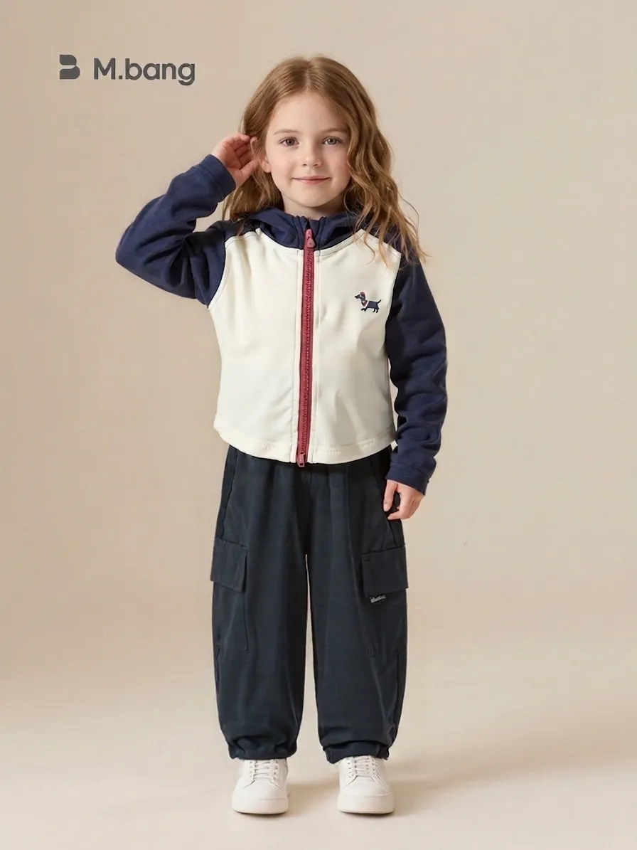 Ensemble Deux Pièces Décontracté en Coton pour Filles Sweat-shirt à Capuche et Pantalon Cargo Brodé Patchwork pour Enfants