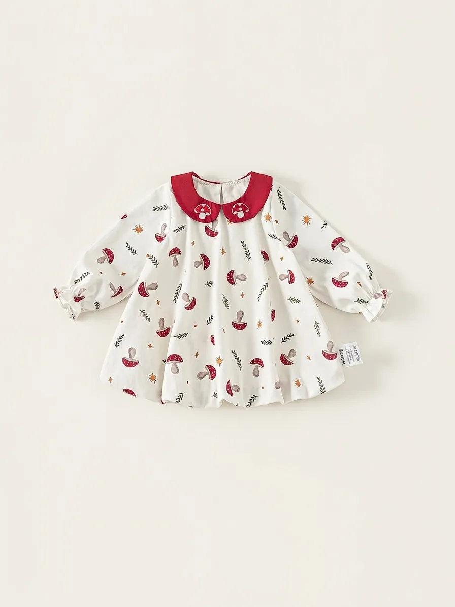 Kleinkind Mädchen Süßes Pilzdruck Baumwolle Langarmkleid Roter Peter-Pan-Kragen A-Linie Herbst Casual Partykleid