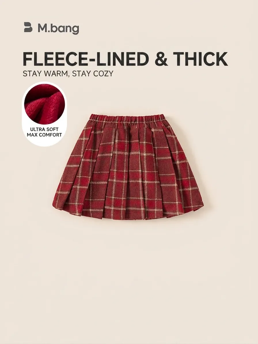 Academy Style Girls Red Plaid Pleated Skirt Fleece Lined Winter Warm Kids Mini Skirt For School Girls British Fashion Bottoms